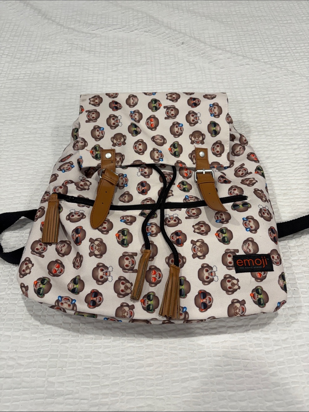 Emoji Monkey Print Drawstring Backpack with Tan Accents
NWOT